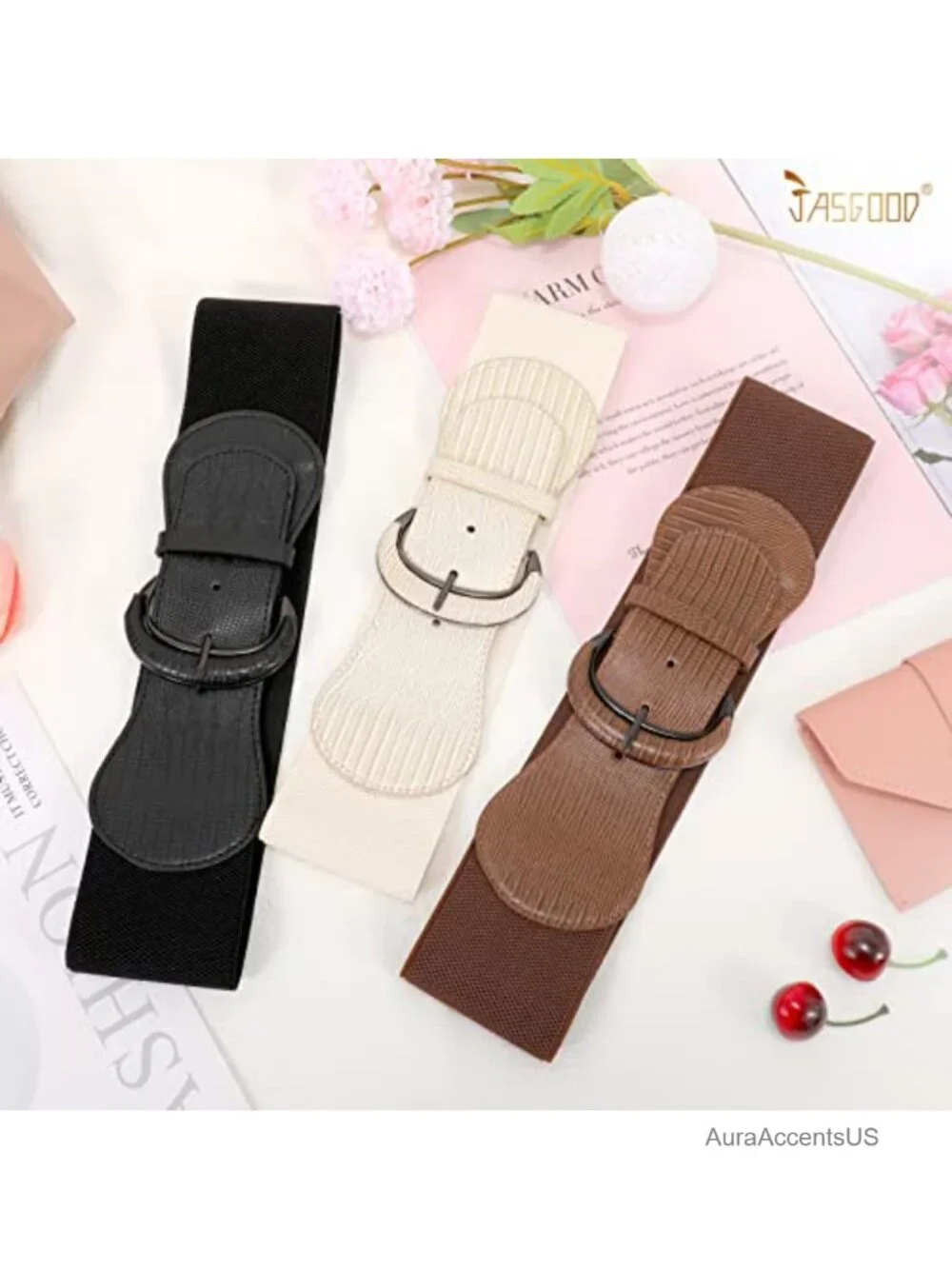 3 Pack Women Stretchy Wide Waist Belt Faux Leather Vintage Elastic